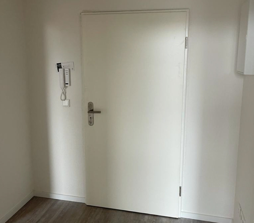Weiße Wohnungseingangstür mit Gegensprechanlage und modernem Türgriff im Flur.